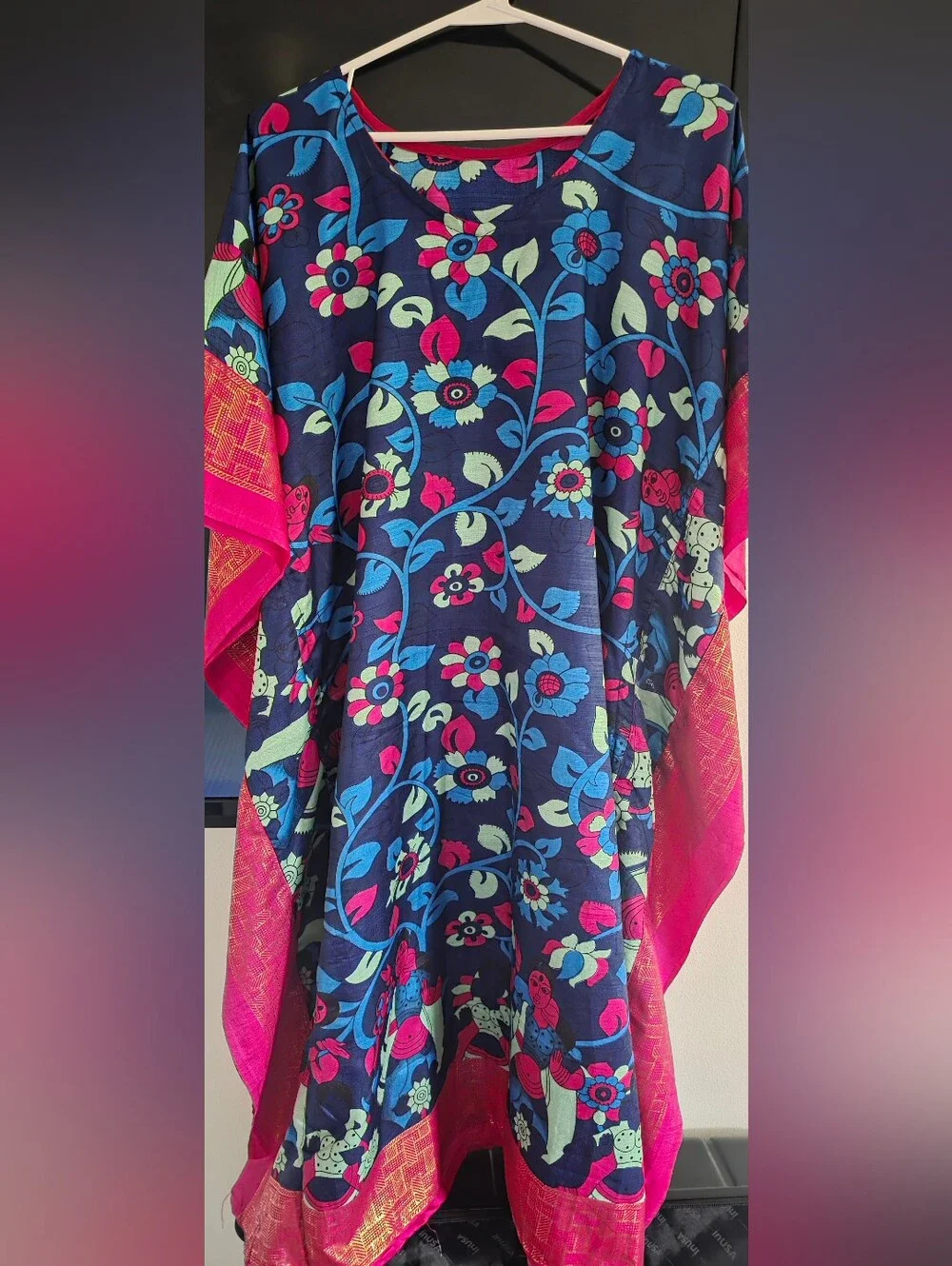 Girls Navy Floral Print Dress with Pink Trim
